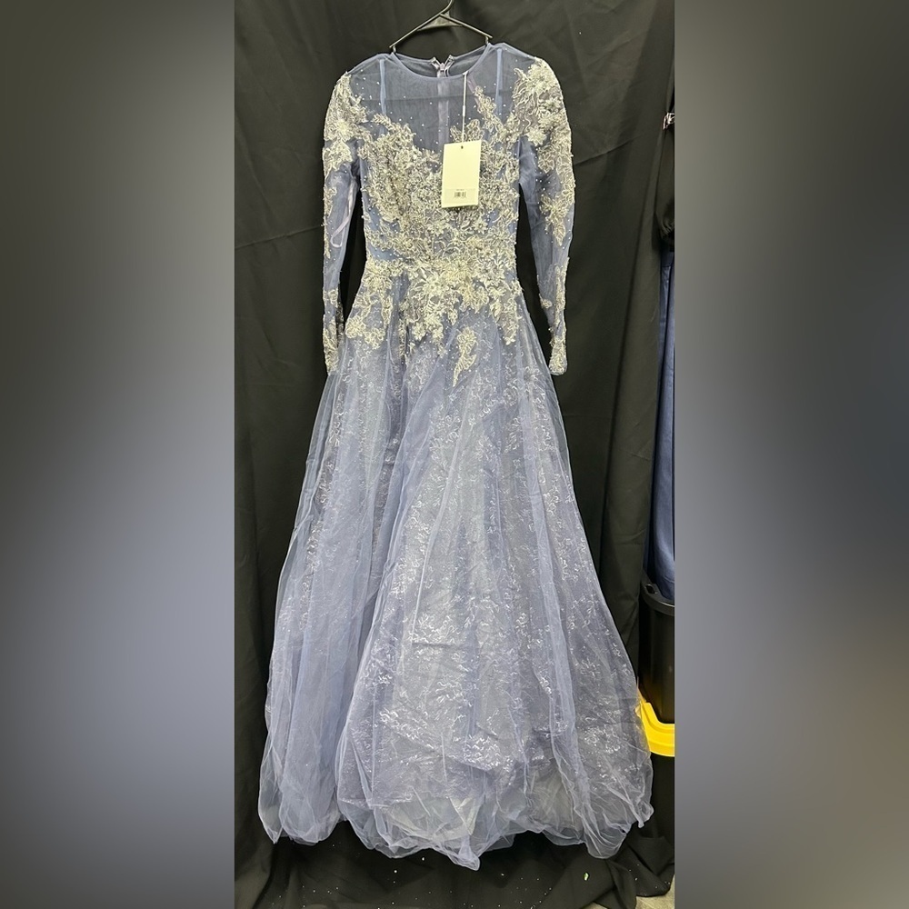 MAC DUGGAL 20441 NWT Embellished V Neck Long Sleeve A Line Gown in Slate Blue - Picture 2 of 5